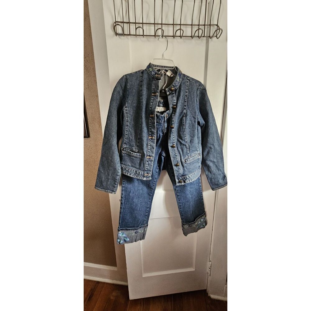 VTG CASUAL CORNER STRETCH Denim Jacket Sz 4 / Capris Sz 2 beaded HONGKONG MADE